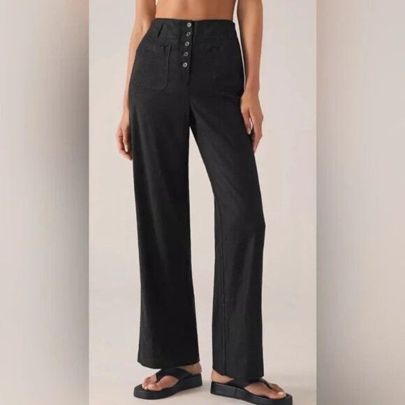 NEW | Anthropologie Twenty Six Hundred Black Linen Blend Straight Leg Pants 14 - Picture 2 of 11